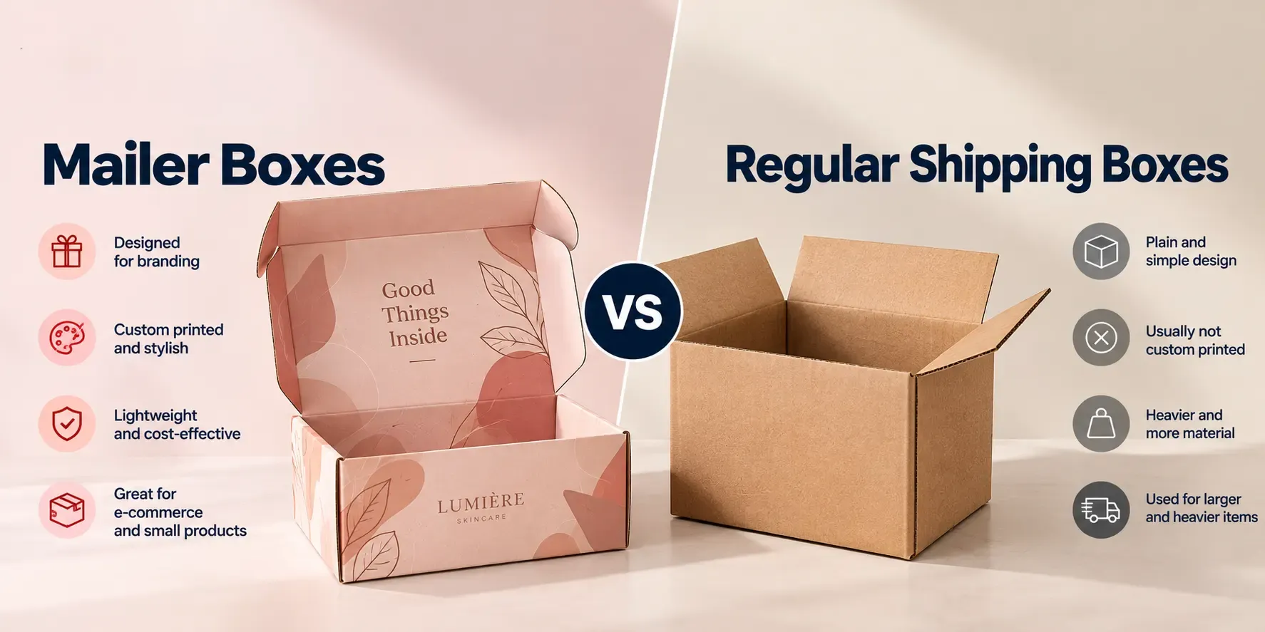 Custom mailer boxes compared with regular shipping boxes for product packaging and e commerce deliveries